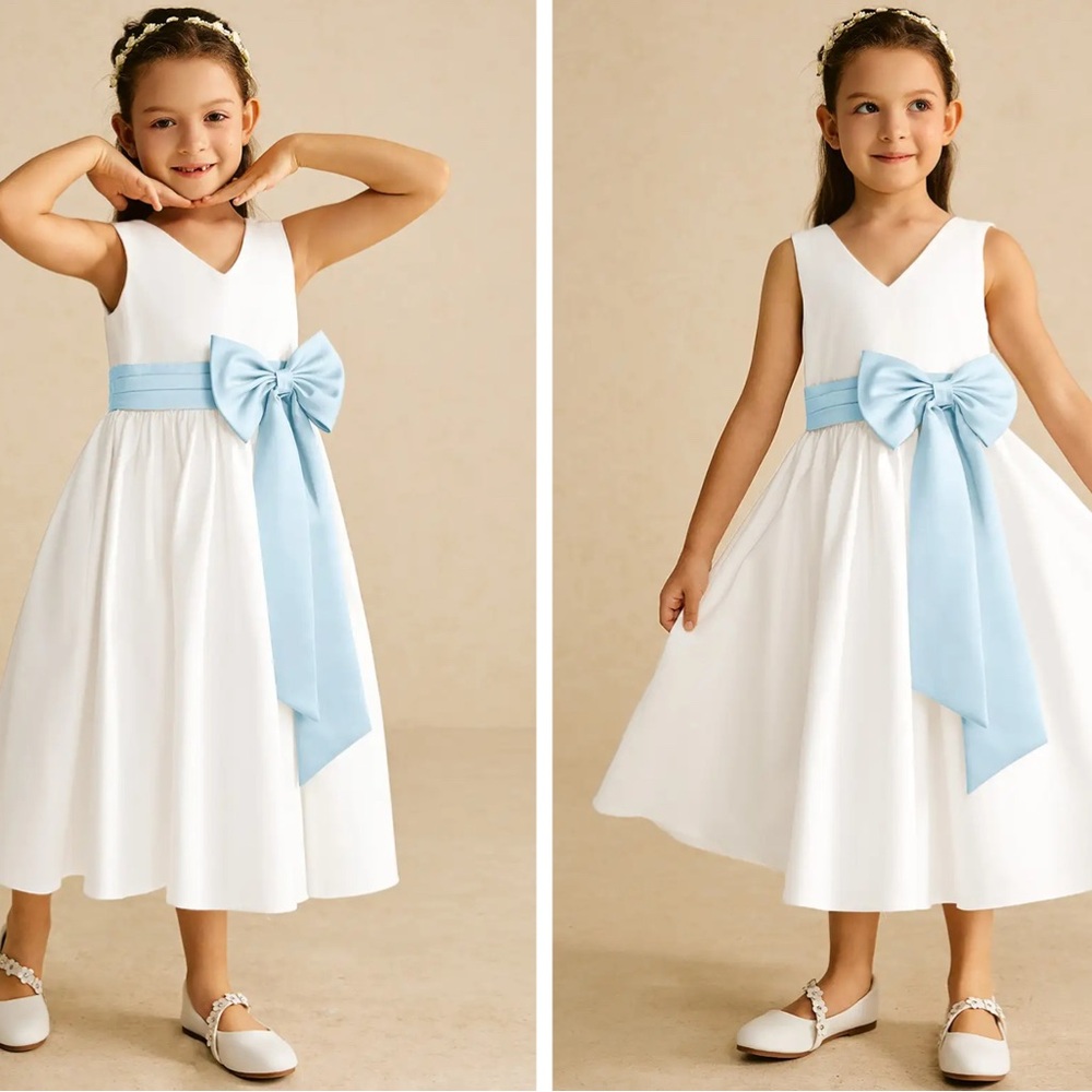 Azazie Darling Ivory A-Line Cotton Flower Girl Dress with Light Blue Bow Size 6